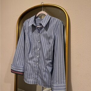 Mango Blue and White Button Down Shirt with Notched Collar